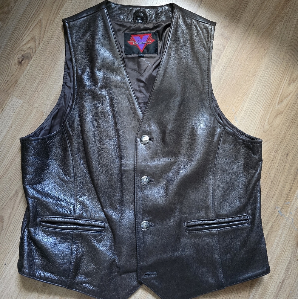 Verducci Mens Leather Biker Vest Vintage 80s/90s Motorcycle Style Sz Large V0455